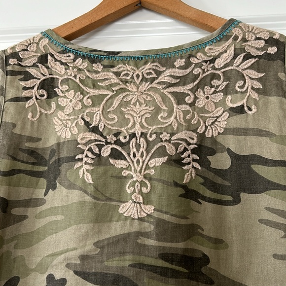 Johnny Was Adeline Embroidered Linen Camo Print Shift Dress w Side Buttons Med. - Picture 11 of 16